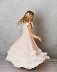 Kids Light Pink Ruffles Flutter Sleeve Rosette Spring Dress