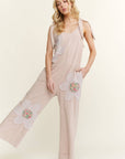 Mineral Washed Flower patched Bow spring jumpsuits