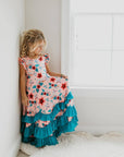 Kids Light Peach Floral Flutter Sleeve Ruffles Spring Dress