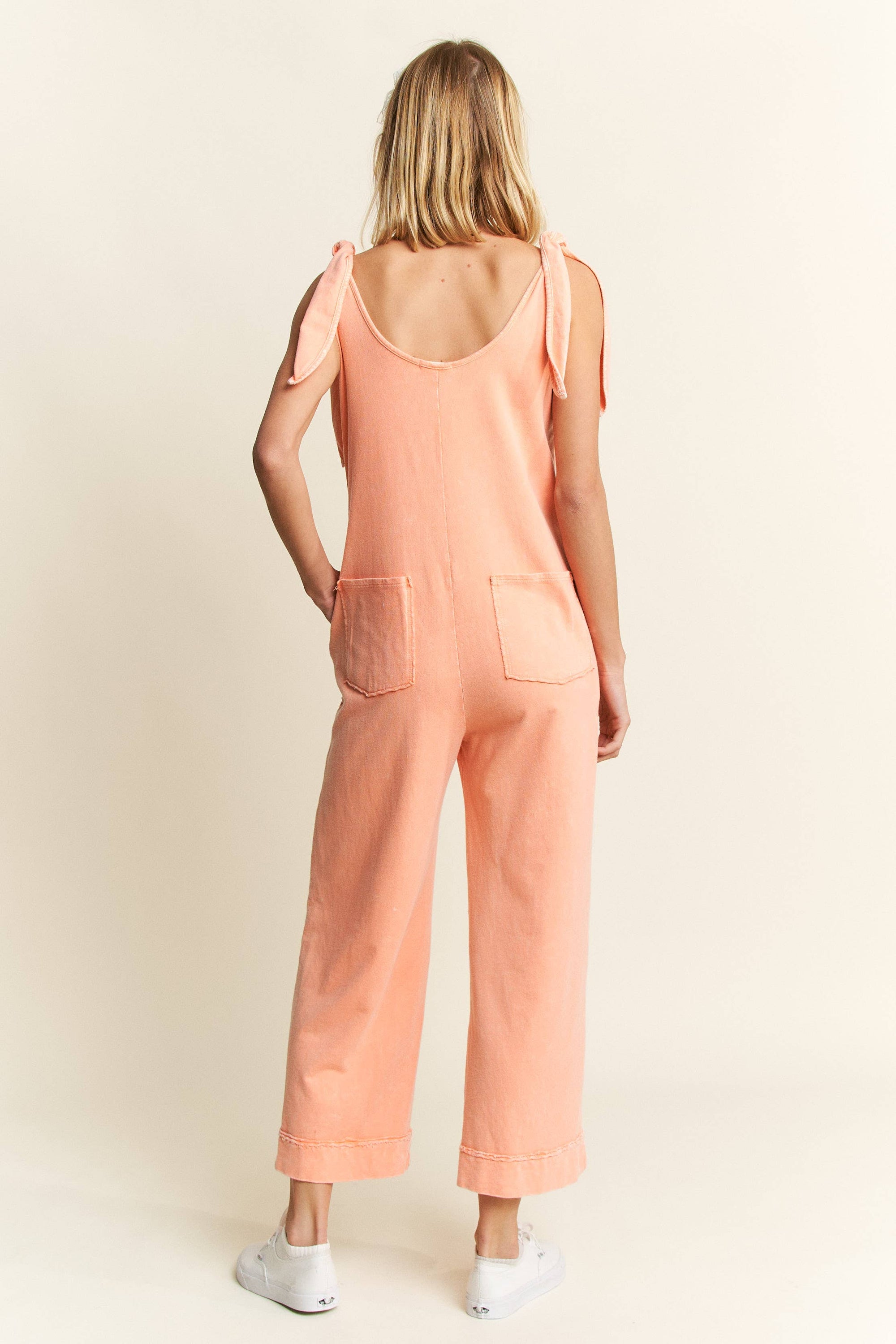 Mineral Washed Flower patched Bow spring jumpsuits