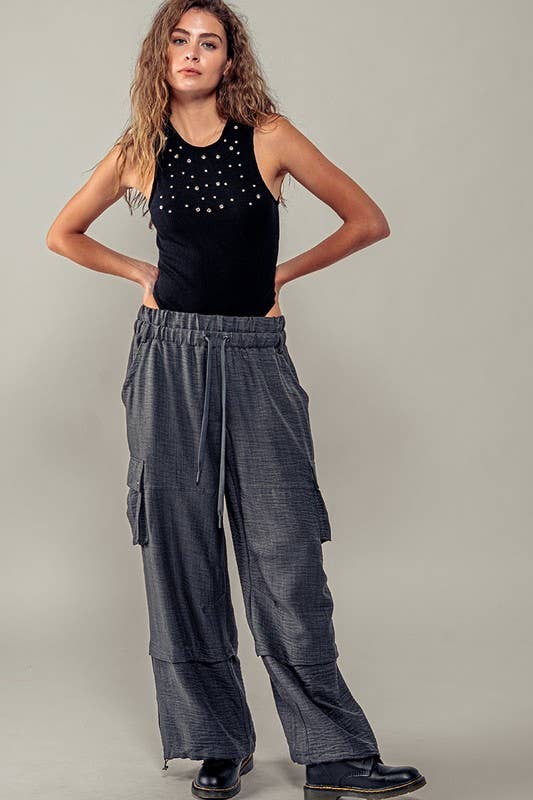 Wide Leg Utility Drawstring Fastener Cargo Pants