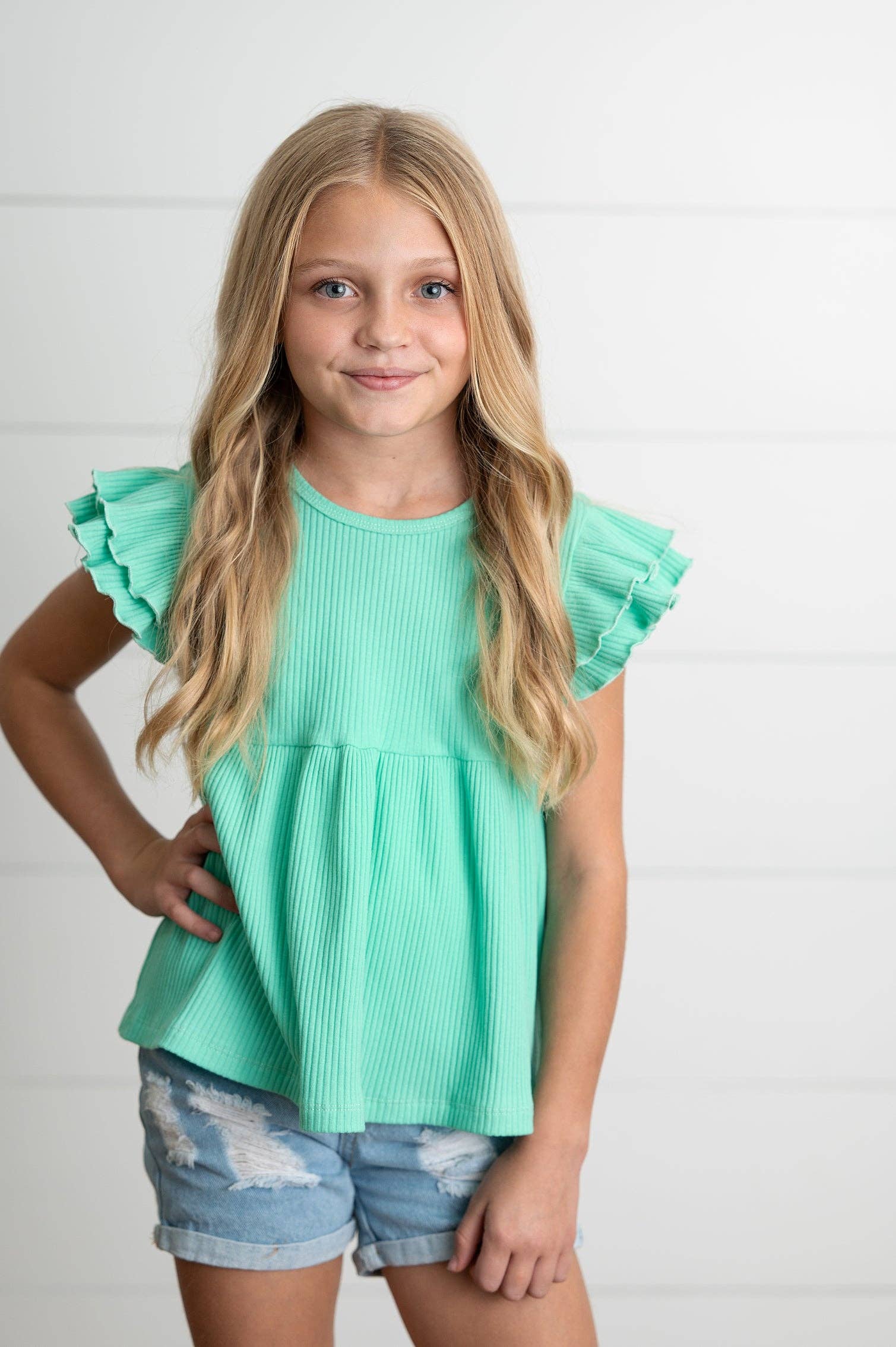 Kids Turquoise Double Ruffle Flutter Sleeve Spring Shirt