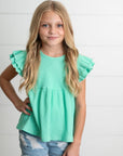 Kids Turquoise Double Ruffle Flutter Sleeve Spring Shirt