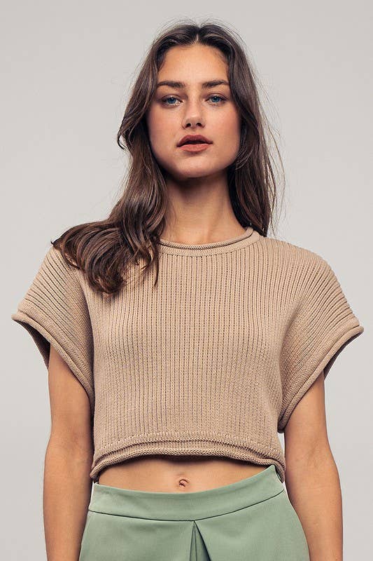 Cropped Ribbed Knit Short Cap Sleeve Top