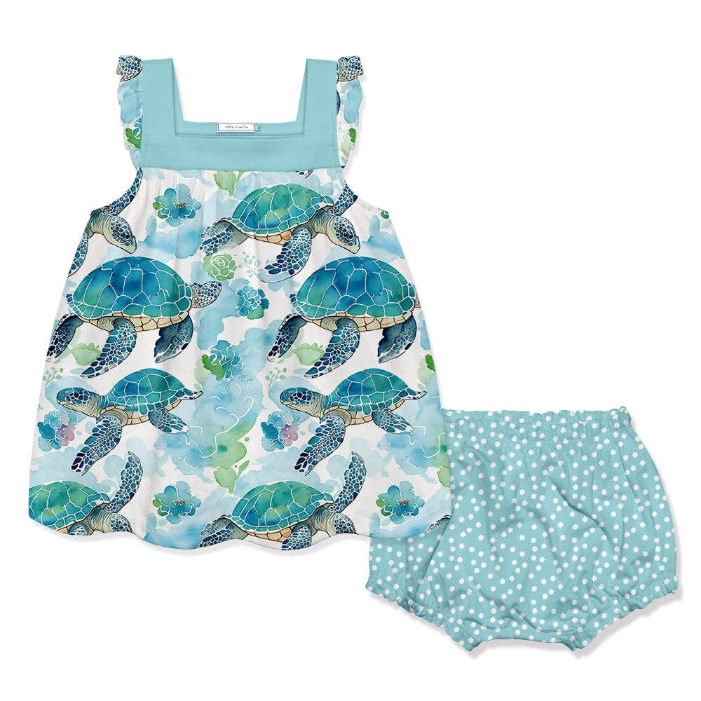 Baby Mint Turtle Wonder Yoke Babydoll Dress &amp; Diaper Cover