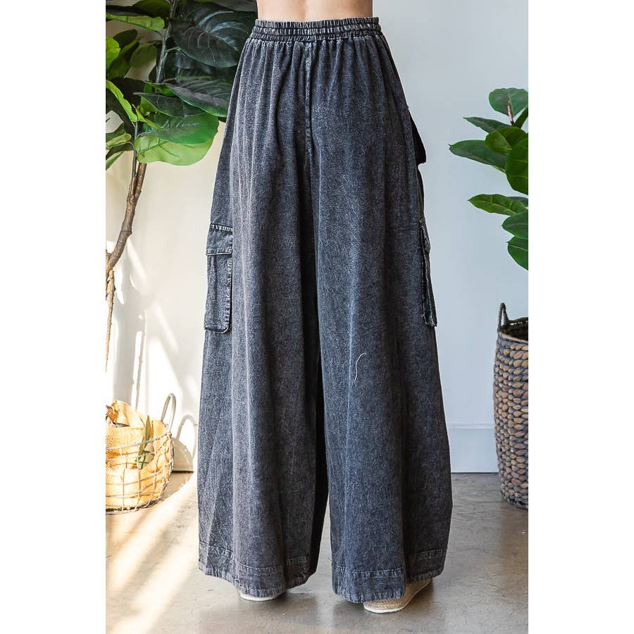 WASHED 3D POCKET SLOUCHY WIDE LEG PANTS