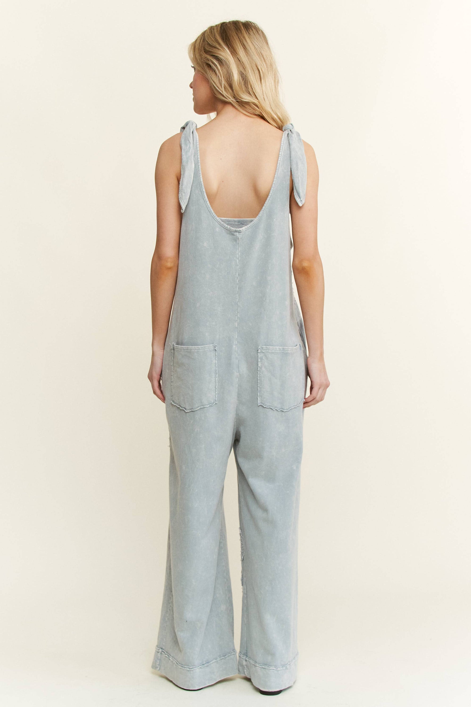 Mineral Washed Flower patched Bow spring jumpsuits