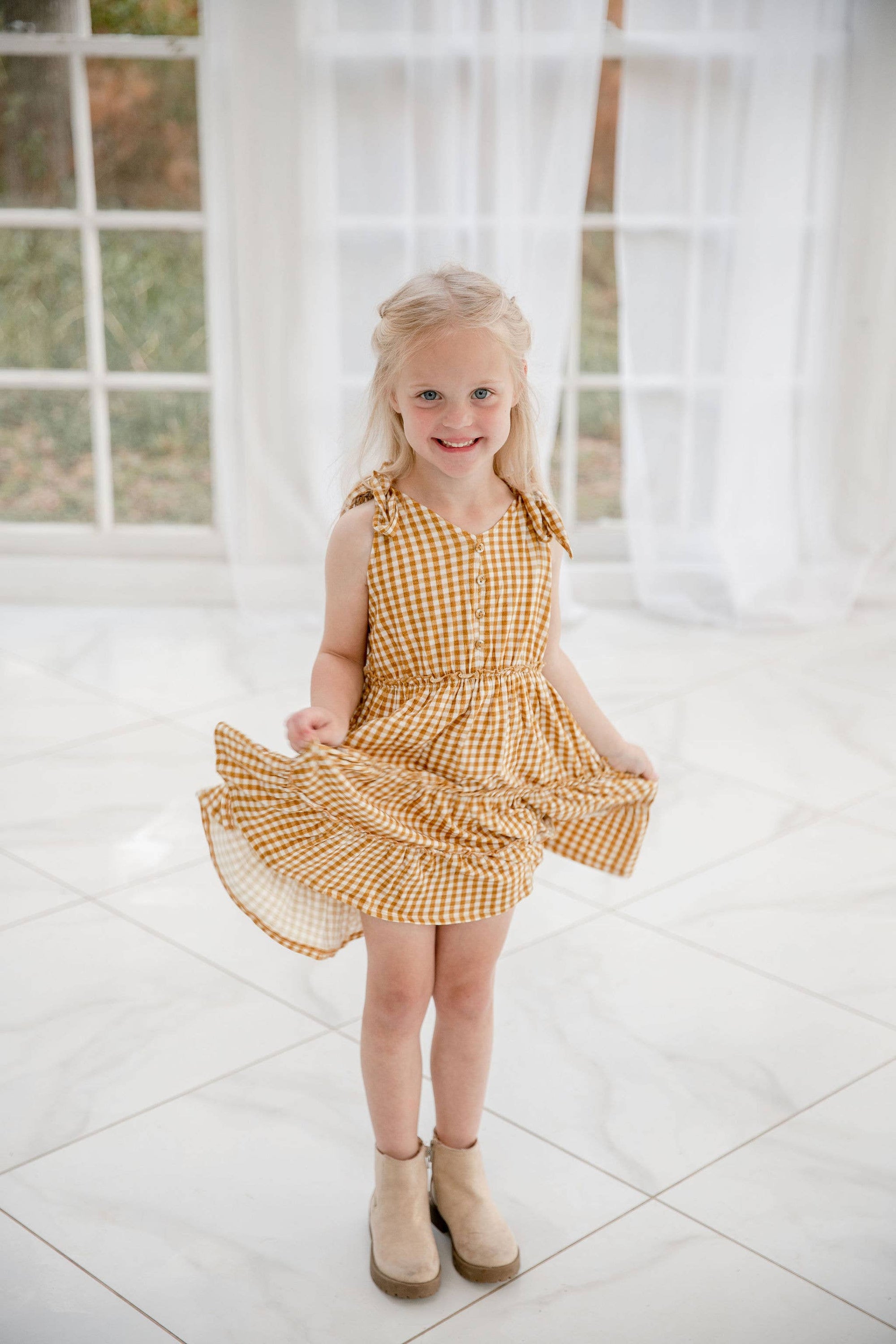 EG Organic Tiered Tie- Dress - Golden Gingham