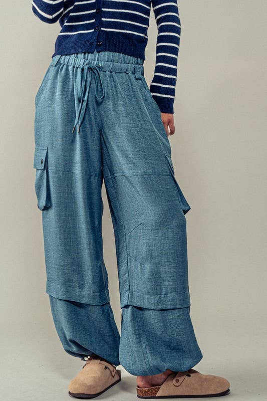 Wide Leg Utility Drawstring Fastener Cargo Pants