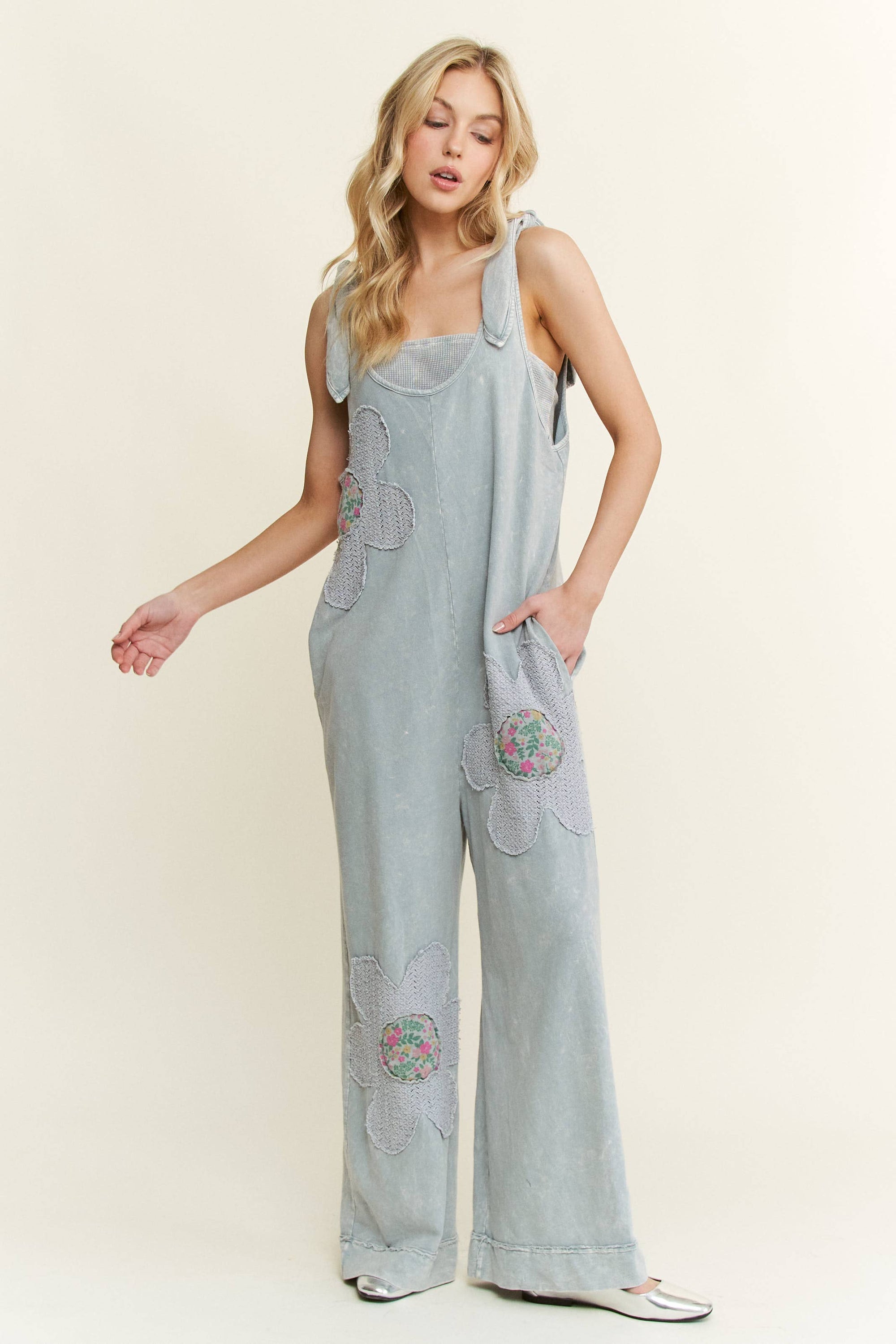 Mineral Washed Flower patched Bow spring jumpsuits