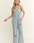 Mineral Washed Flower patched Bow spring jumpsuits