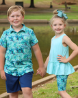 Boys Turquoise Green Tie-Dye Turtle Short-Sleeve Button-Up