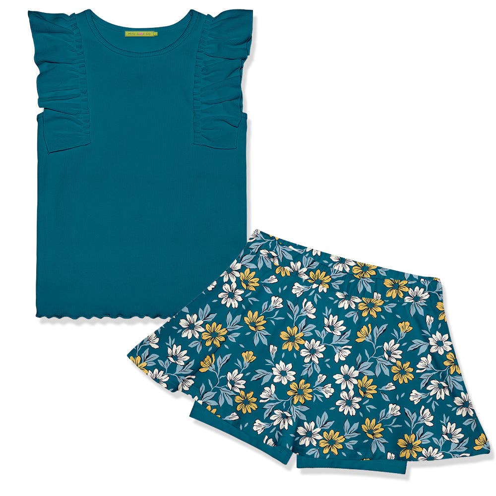 Girls Teal Ribbed Sleeveless Top &amp; Susie Floral Skort