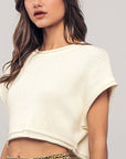 Cropped Ribbed Knit Short Cap Sleeve Top